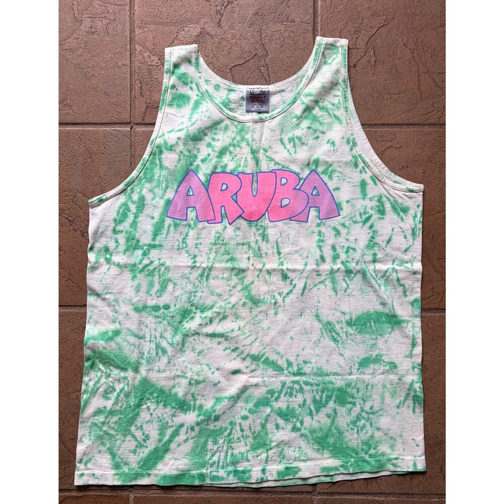 Vintage Aruba Tie Dye Tank Top USA Made Oneita Power-T XL 90s Beach Tee